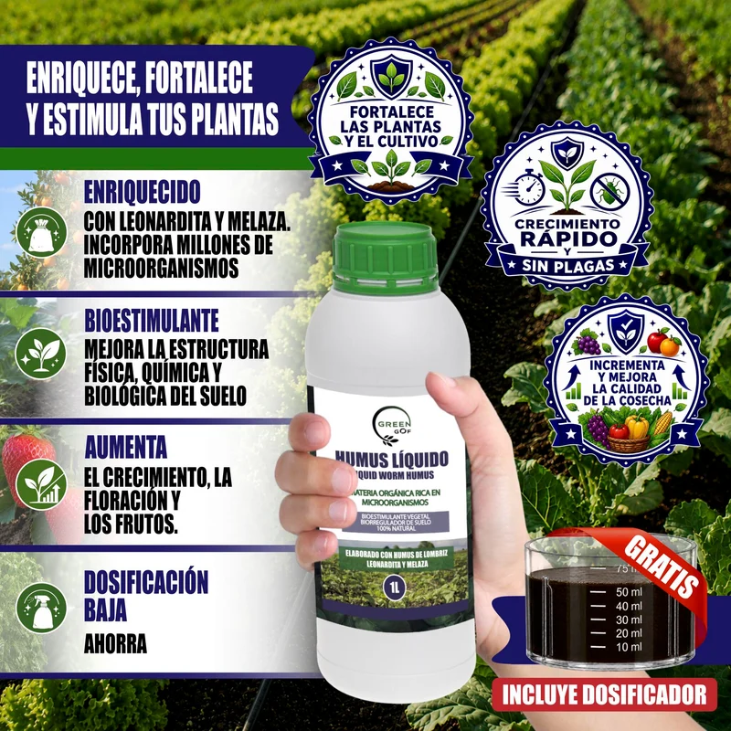 GREEN GOF Humus Líquido De Lombriz Premium 1l. Enriquecido Con Leonardita Y Melaza. Fertilizante Rico En Microorganismos