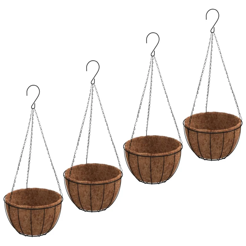 Macetas Colgantes 4 Uds Revestimiento Coco Acero Negro Ø35x52cm