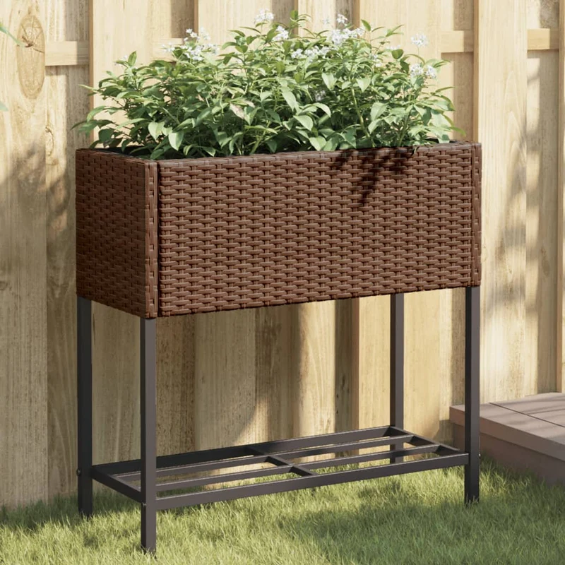 Jardineras Con Estante 2 Uds Ratán Sintético Marrón 70x28x70 Cm