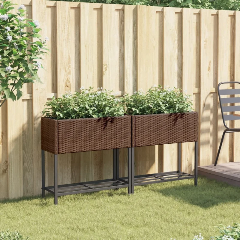 Jardineras Con Estante 2 Uds Ratán Sintético Marrón 70x28x70 Cm