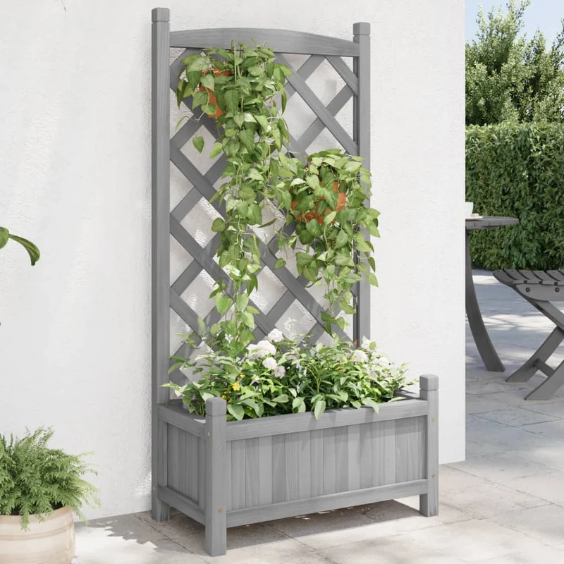 Jardinera Con Enrejado Gris 55x29,5x110 Cm Madera Maciza De Abeto
