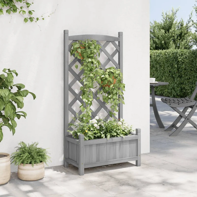 Jardinera Con Enrejado Gris 55x29,5x110 Cm Madera Maciza De Abeto