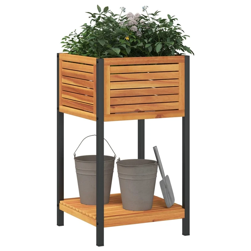Jardinera Con Estante Madera Maciza Acacia Y Acero 45x45x80 Cm