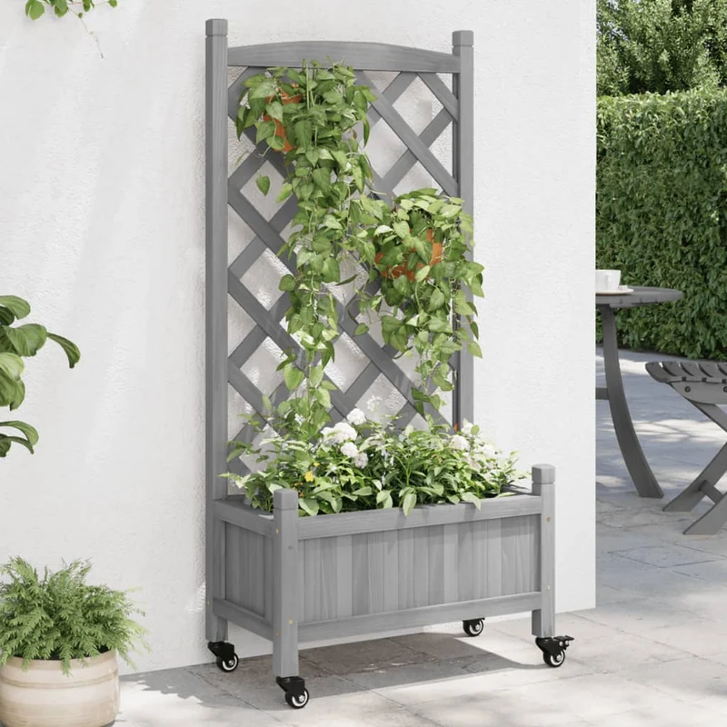 Jardinera Con Enrejado Y Ruedas Madera Maciza De Abeto Gris