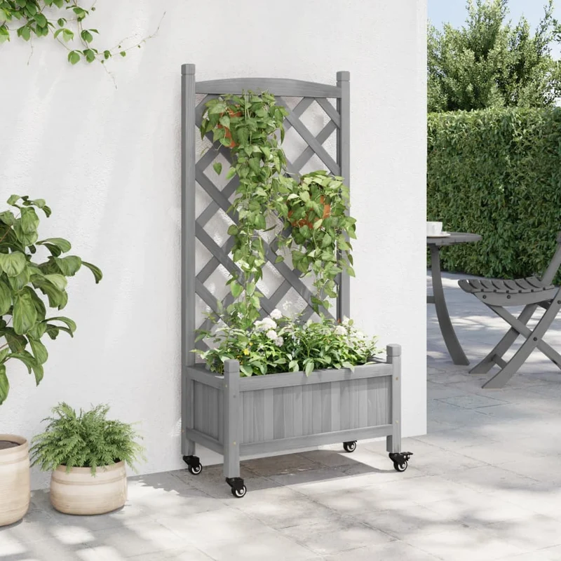 Jardinera Con Enrejado Y Ruedas Madera Maciza De Abeto Gris