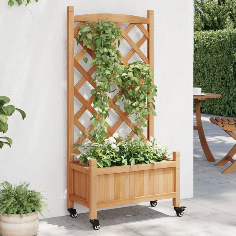 Jardinera Con Enrejado Y Ruedas Madera Maciza De Abeto Marrón
