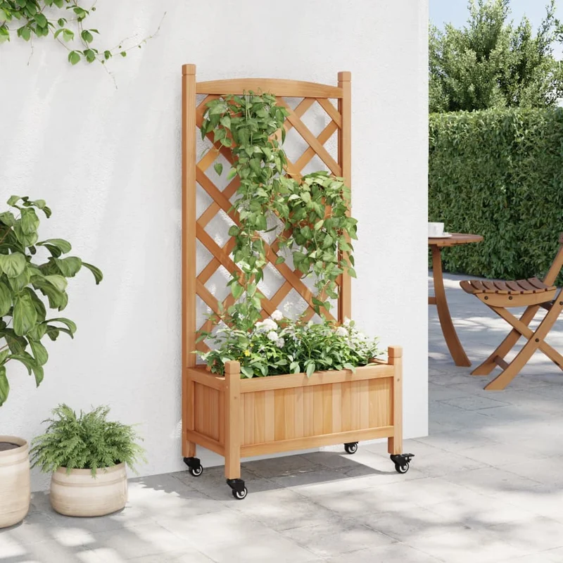 Jardinera Con Enrejado Y Ruedas Madera Maciza De Abeto Marrón