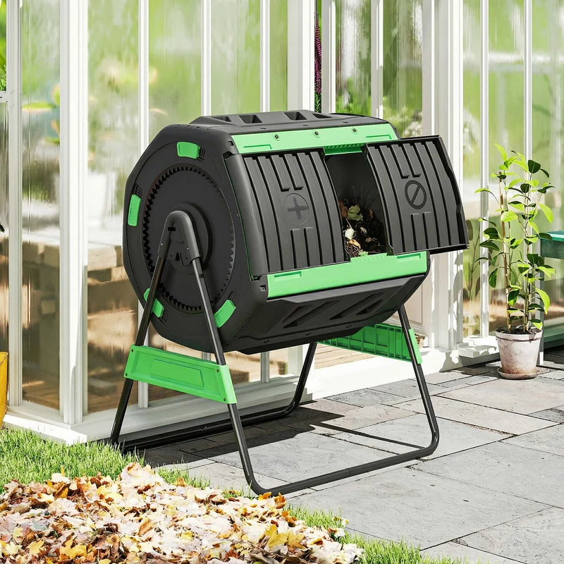 Outsunny Compostador Giratorio De 200l Doble Cámara Sin Bpa Verde
