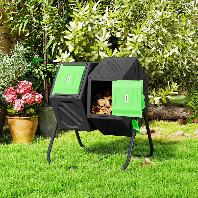 Outsunny Compostador Giratorio 130l De Doble Cámara 67x60x77 Cm Negro