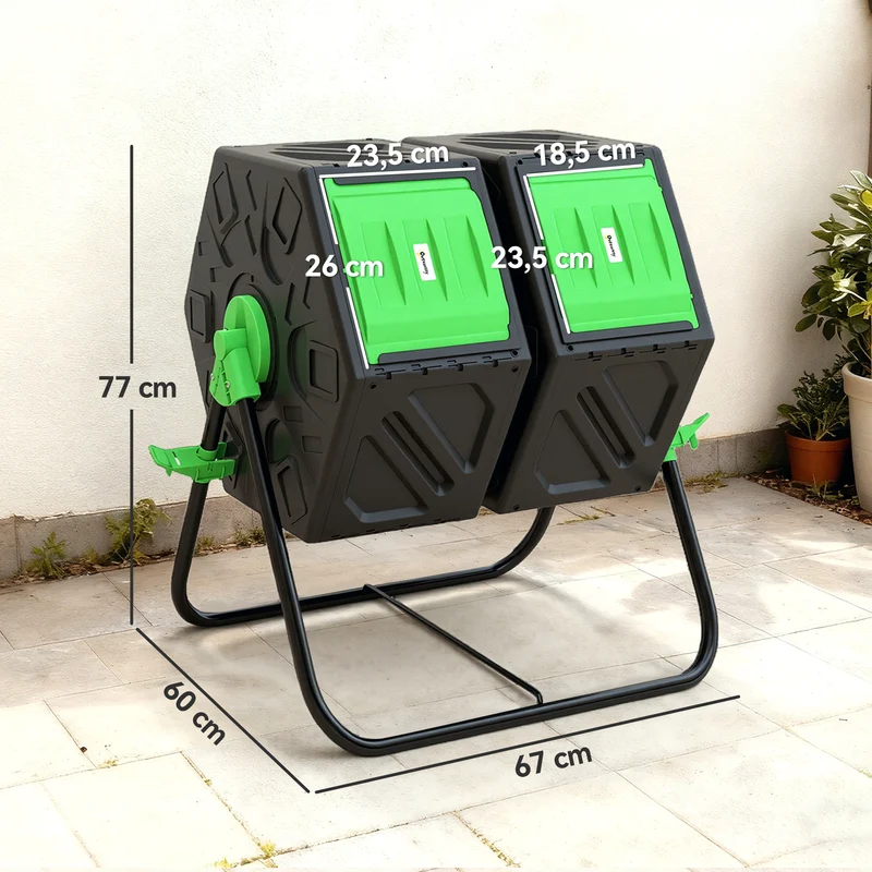 Outsunny Compostador Giratorio 130l De Doble Cámara 67x60x77 Cm Negro