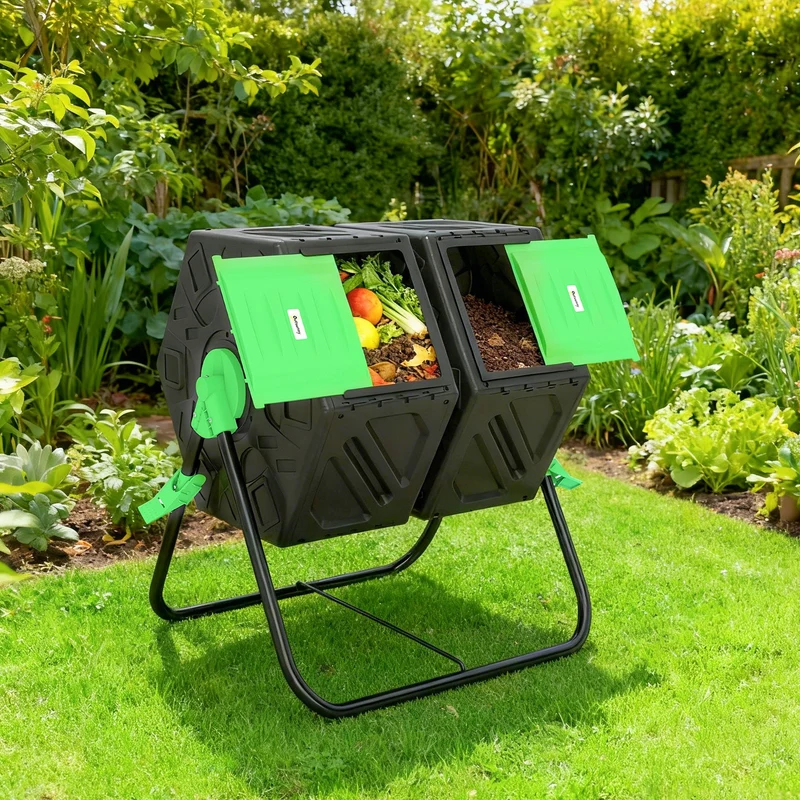 Outsunny Compostador Giratorio 130l De Doble Cámara 67x60x77 Cm Negro