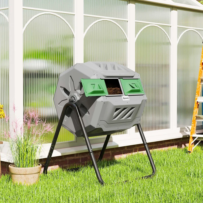 Outsunny Compostador De Tambor Giratorio 160l De Doble Cámara Marco De Acero