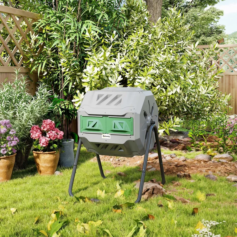 Outsunny Compostador De Tambor Giratorio 160l De Doble Cámara Marco De Acero