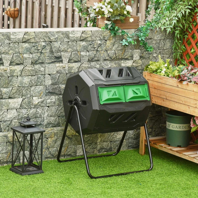 Outsunny Compostador Giratorio De 160l Doble Cámara 71x65x96 Cm Negro