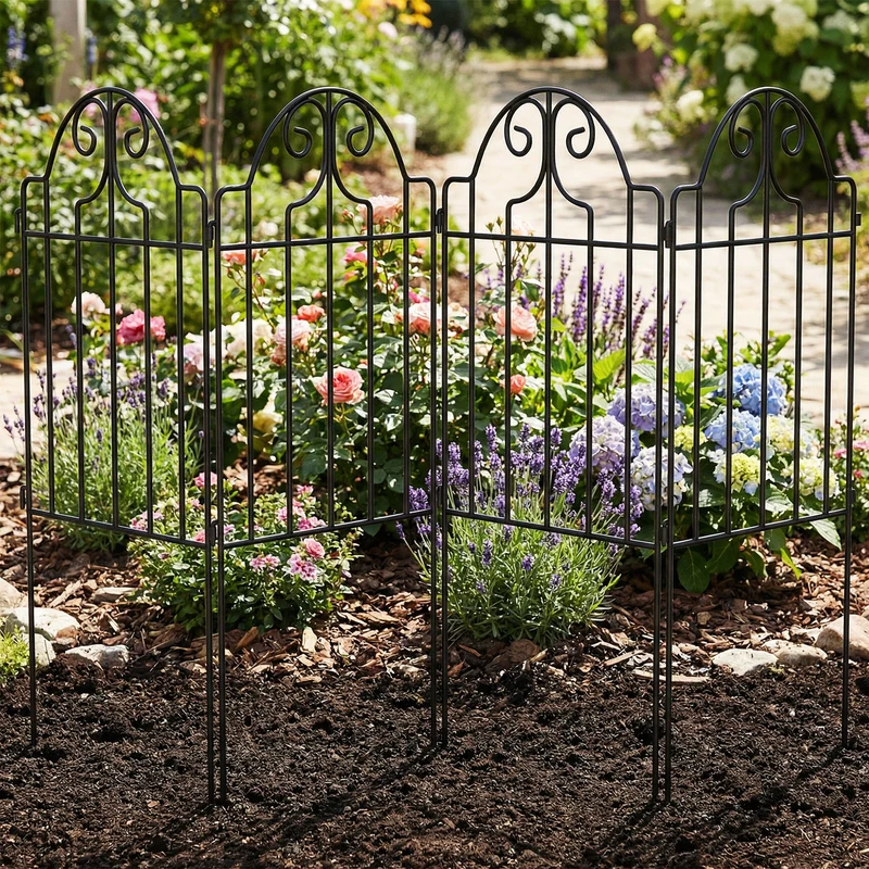 Outsunny Set De 4 Vallas De Jardín Decorativas De Metal 125x57 Cm Negro