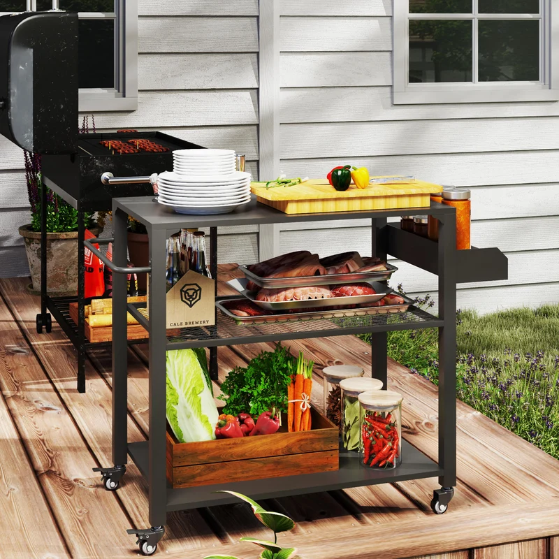 Outsunny Carrito De Parrilla De 3 Niveles Con 4 Ruedas Estantes Y Asa Negro