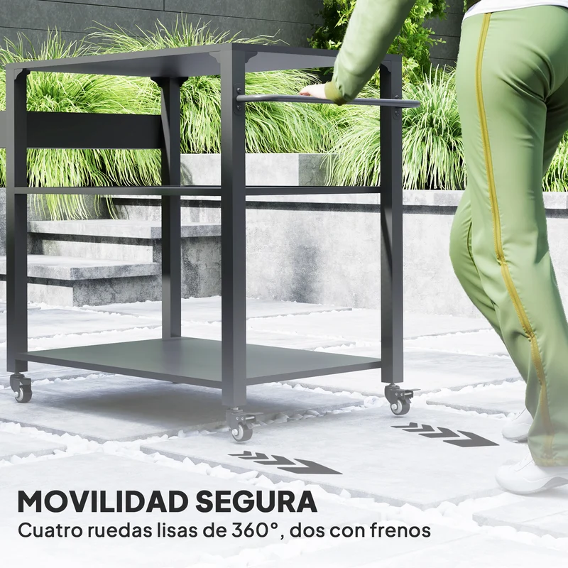 Outsunny Carrito De Parrilla De 3 Niveles Con 4 Ruedas Estantes Y Asa Negro