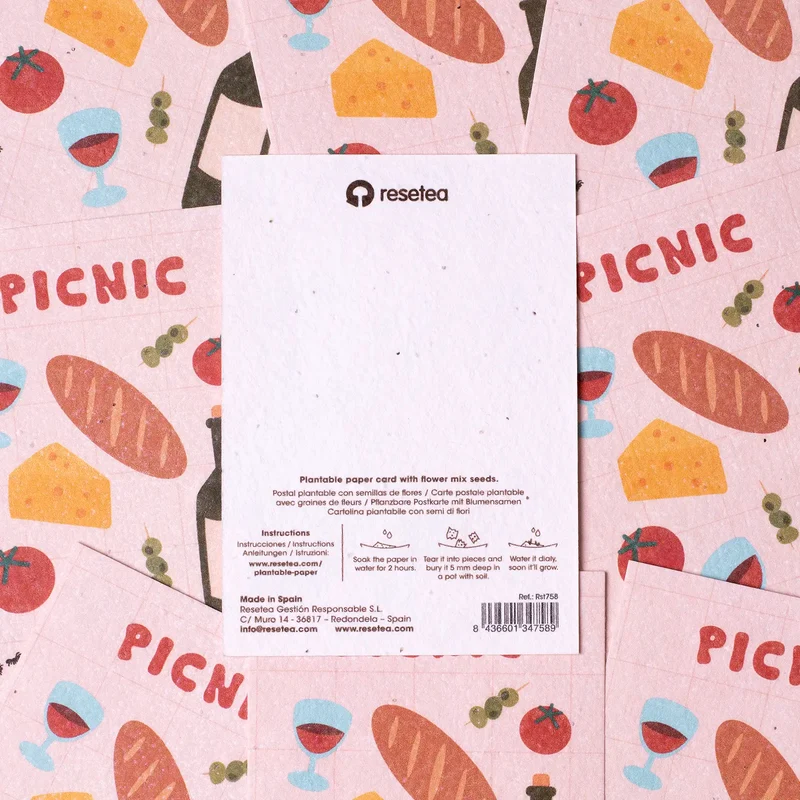 Postal Plantable Picnic Semillas de Flores | Papel de Algodón Reciclado | Regalo Original - Resetea