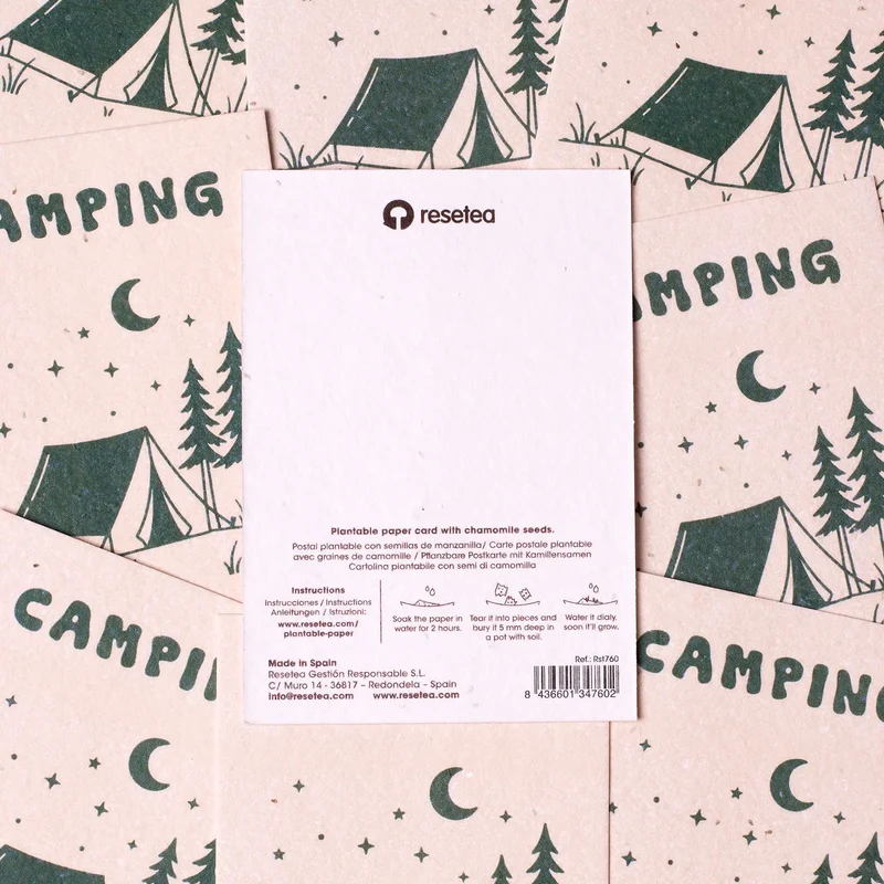 Postal Plantable Camping Semillas de Manzanilla | Papel de Algodón Reciclado | Regalo Original - Resetea
