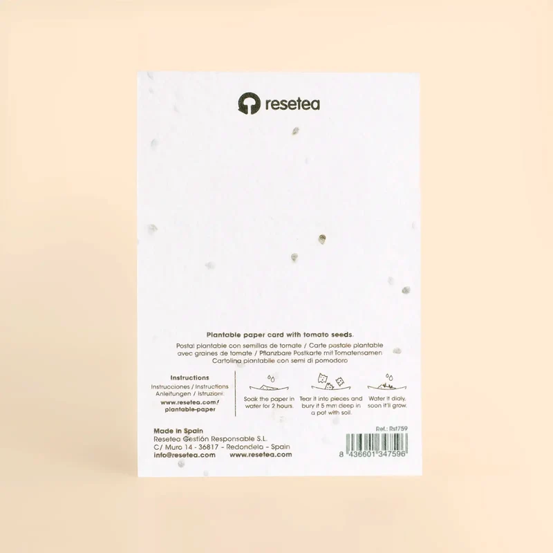 Postal Plantable Siesta Semillas de Tomate | Papel de Algodón Reciclado | Regalo Original - Resetea