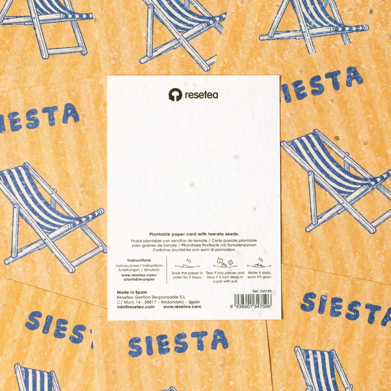 Postal Plantable Siesta Semillas de Tomate | Papel de Algodón Reciclado | Regalo Original - Resetea