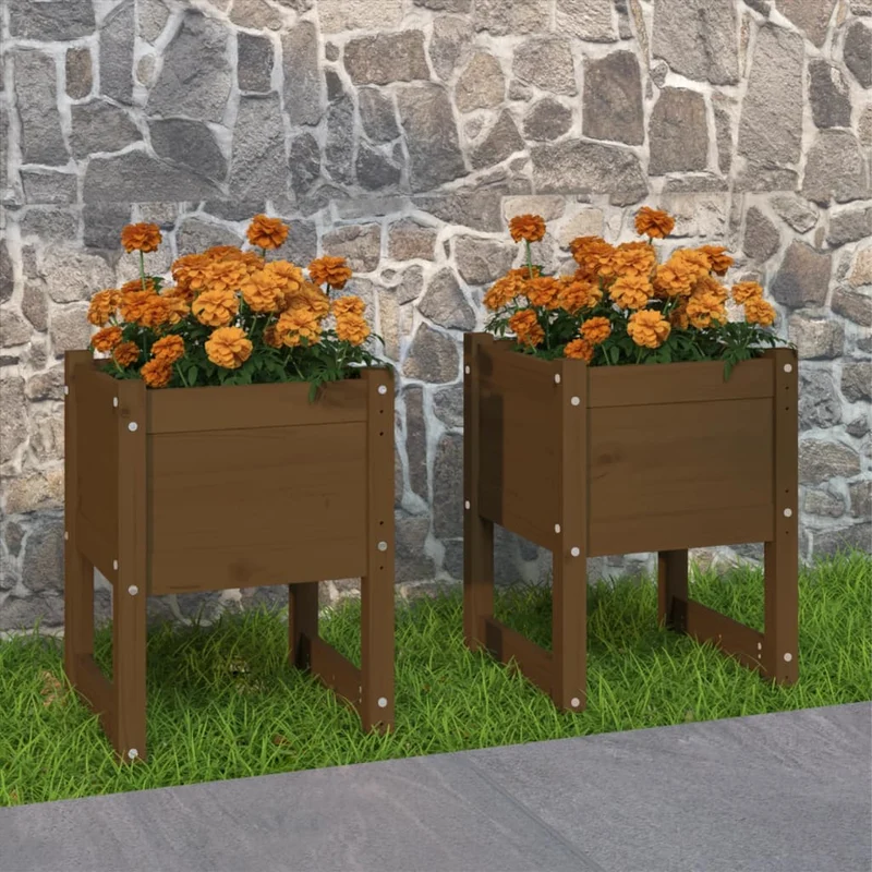 Jardinera 2 Uds Madera Maciza De Pino Marrón Miel 40x40x52,5 Cm