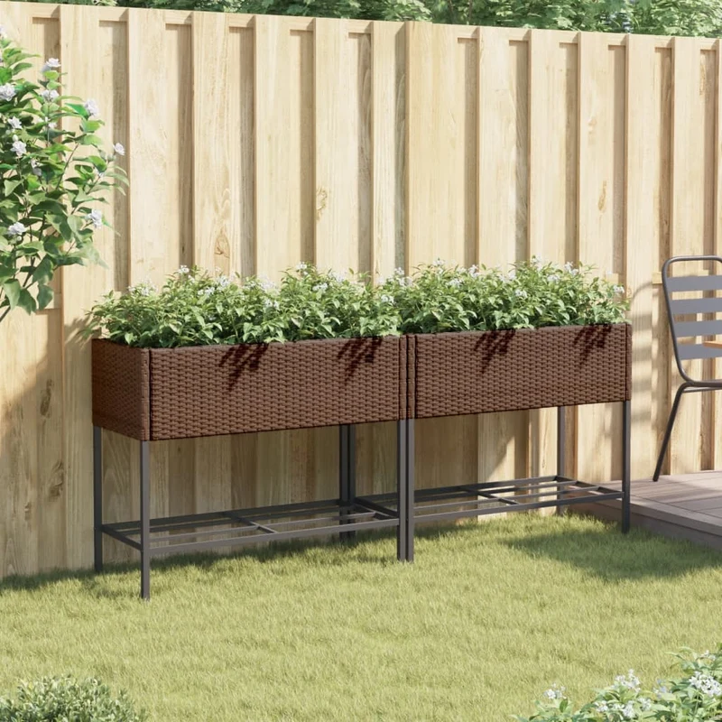 Jardineras Con Estante 2 Uds Ratán Sintético Marrón 90x40x75 Cm