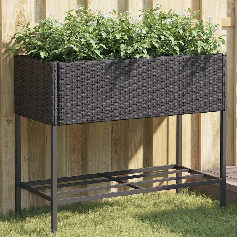 Jardineras Con Estante 2 Uds Ratán Sintético Negro 90x40x75 Cm