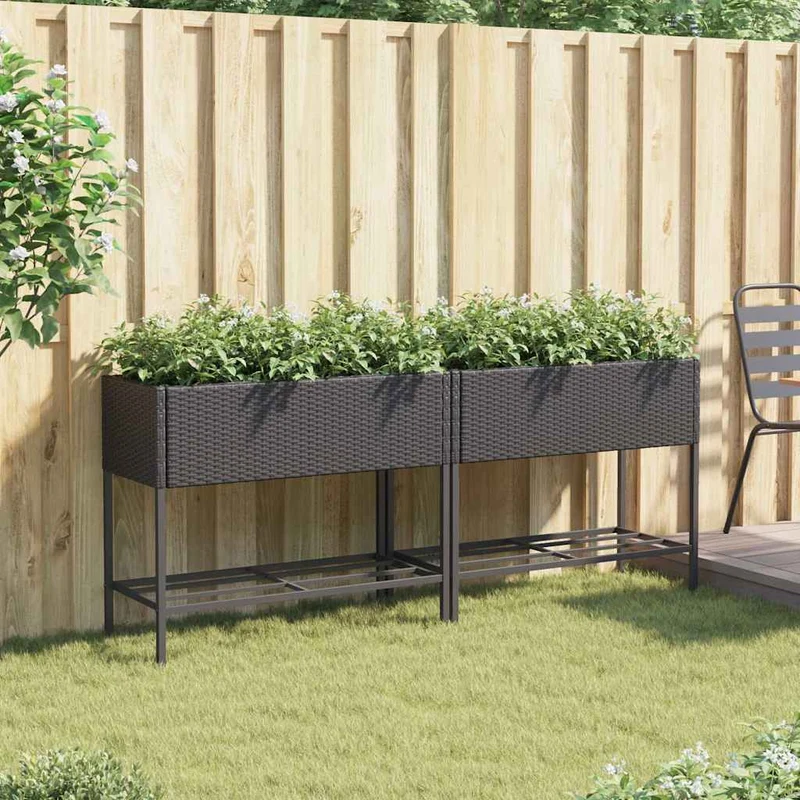 Jardineras Con Estante 2 Uds Ratán Sintético Negro 90x40x75 Cm