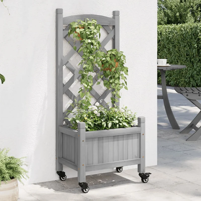 Jardinera Con Enrejado Y Ruedas Madera Maciza De Abeto Gris