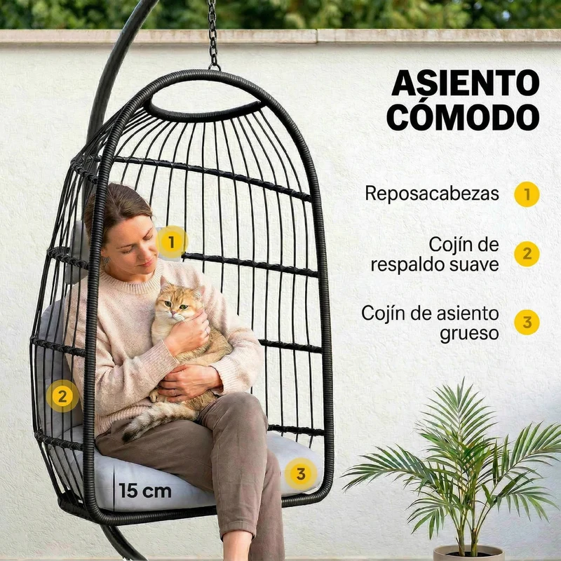 Outsunny Silla Colgante Huevo Con Soporte Cesta Plegable Cojín Altura Ajustable
