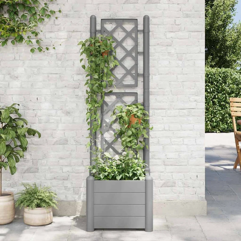 Jardinera Con Enrejado Pp Gris Piedra 43x43x142 Cm