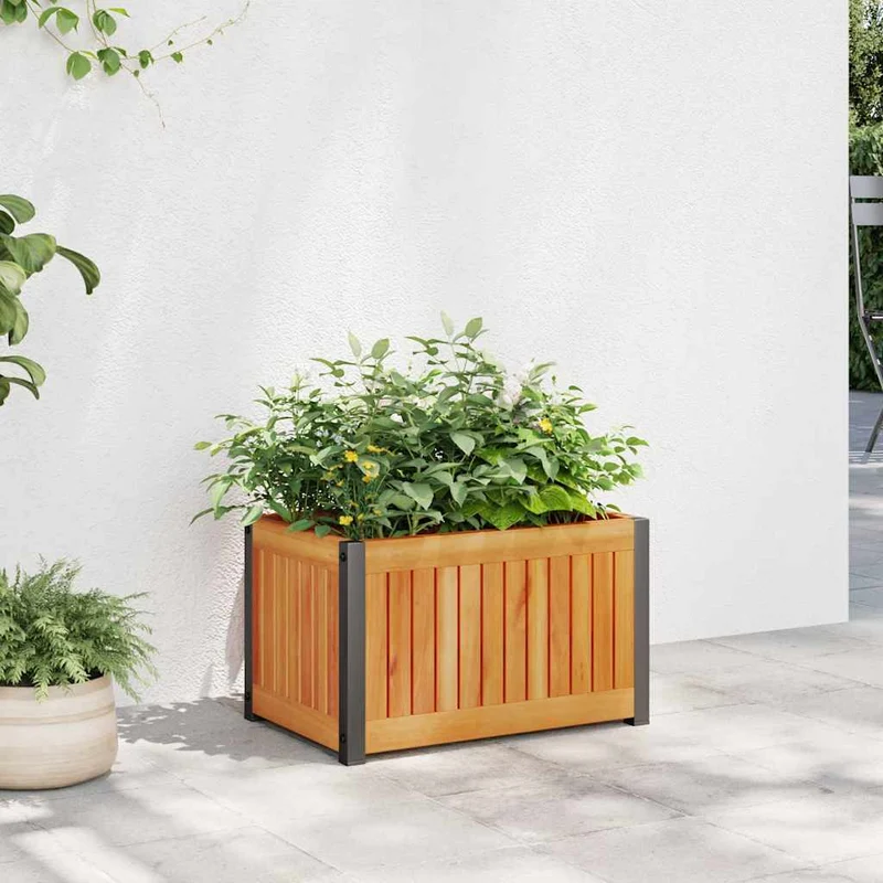 Jardinera De Madera Maciza De Acacia Y Acero 45x30x27,5 Cm