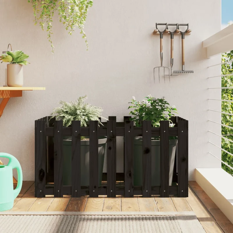 Arriate Elevado Jardín Con Valla Madera Pino Negro 100x50x50cm