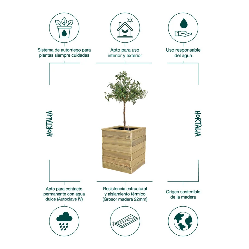 Jardinera De Madera Con Autorriego 50x50x60 Cm Nidum Basic Hortalia