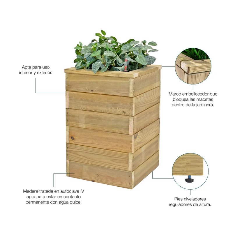 Jardinera De Madera Con Autorriego 75x40x60 Cm Nidum Basic Hortalia