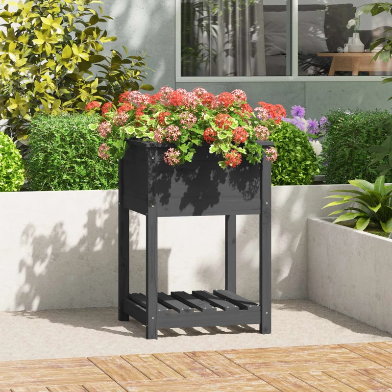 Jardinera Con Estante Madera Maciza De Pino Gris 54x34,5x81 Cm