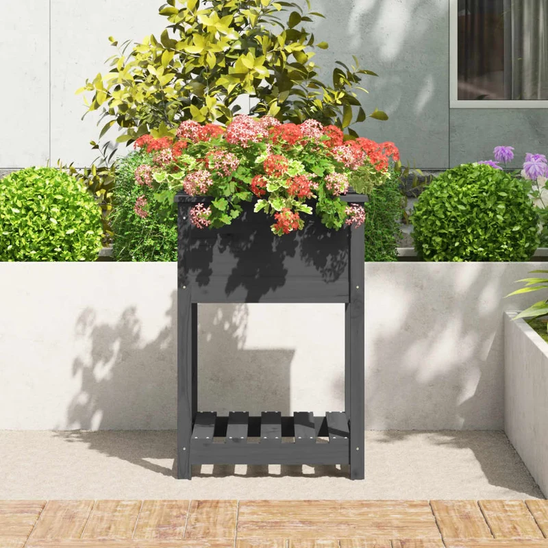 Jardinera Con Estante Madera Maciza De Pino Gris 54x34,5x81 Cm
