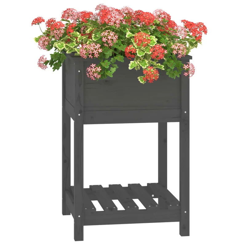 Jardinera Con Estante Madera Maciza De Pino Gris 54x34,5x81 Cm