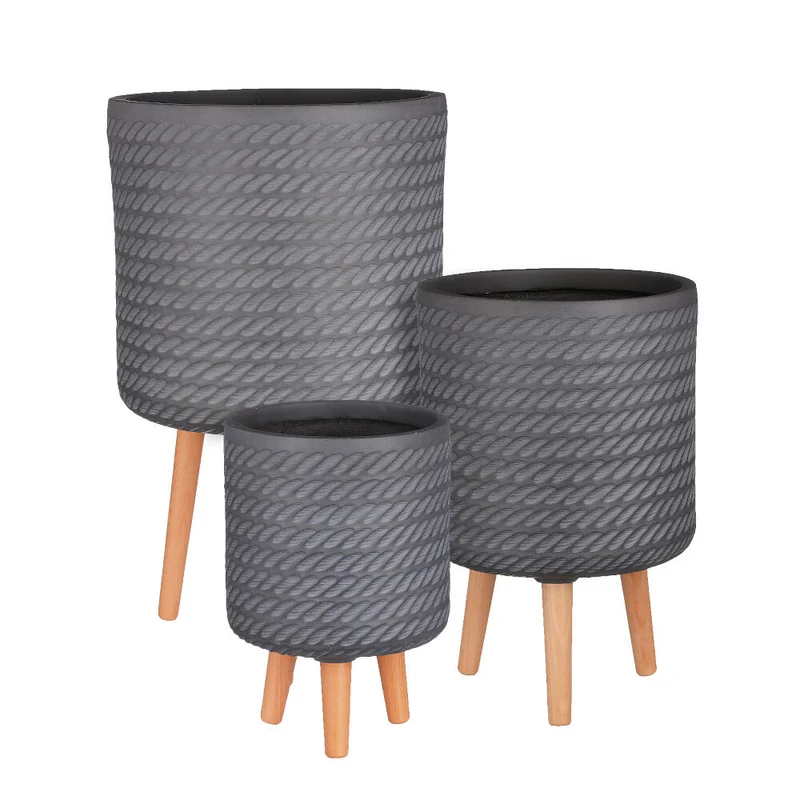 Macetero De Fibra Color Gris Con Patas 62x36cm