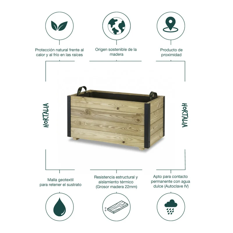 Jardinera De Madera Con Refuerzo De Aluminio 80x40x40 Cm Ghio Al Hortalia