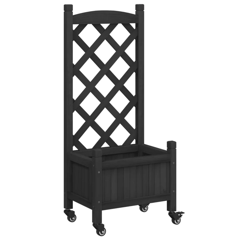Jardinera Con Enrejado Y Ruedas Madera Maciza De Abeto Negro