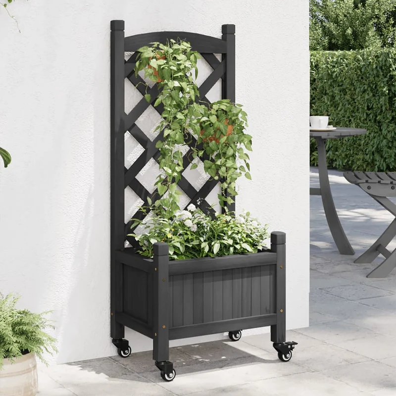 Jardinera Con Enrejado Y Ruedas Madera Maciza De Abeto Negro