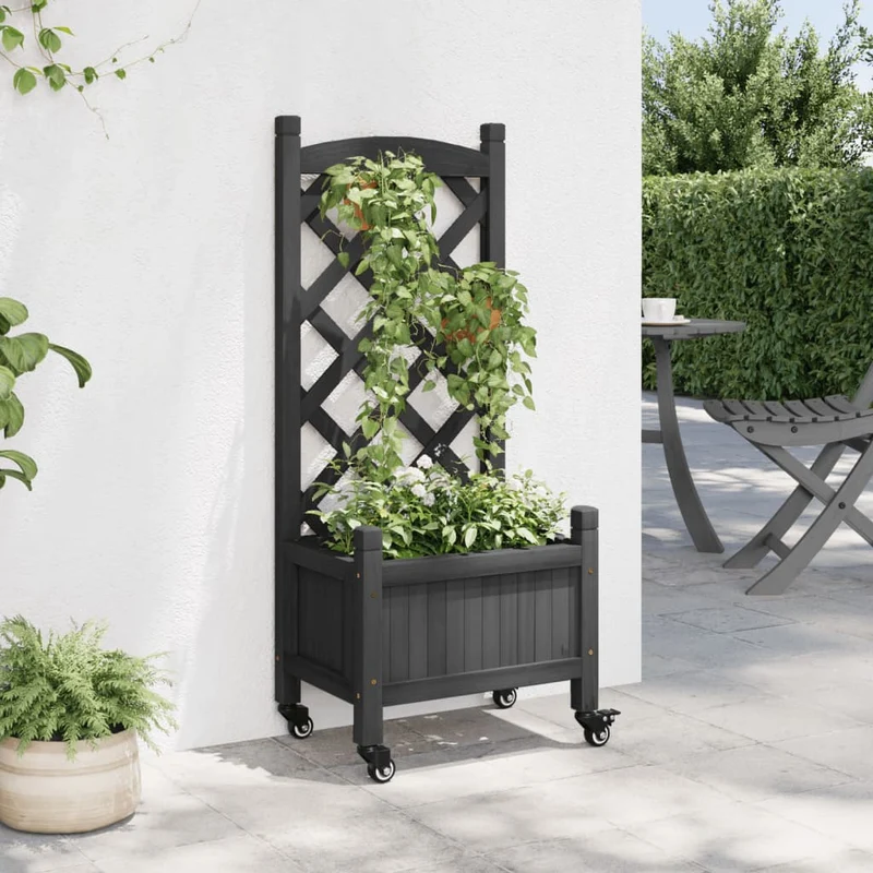 Jardinera Con Enrejado Y Ruedas Madera Maciza De Abeto Negro