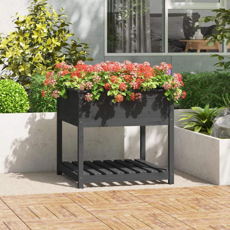 Jardinera Con Estante Madera Maciza Pino Gris 82,5x82,5x81 Cm