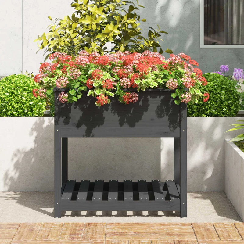 Jardinera Con Estante Madera Maciza Pino Gris 82,5x82,5x81 Cm