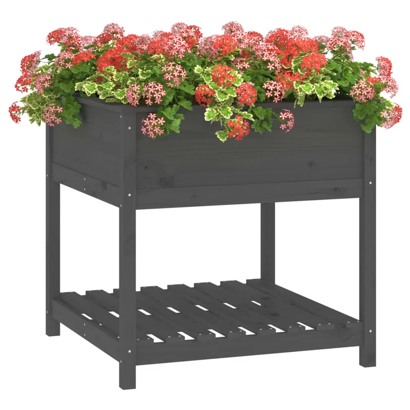 Jardinera Con Estante Madera Maciza Pino Gris 82,5x82,5x81 Cm