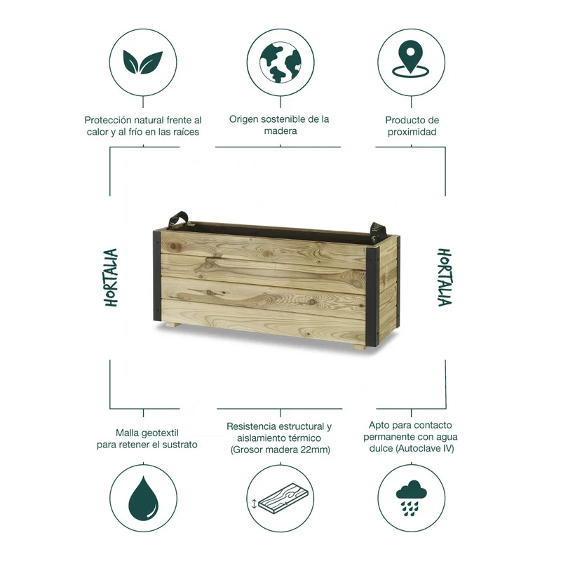 Jardinera De Madera Con Refuerzo De Aluminio 90x30x40 Cm Ghio Al Hortalia