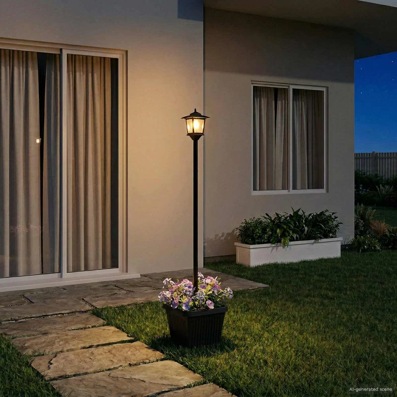 Farola Solar Con Macetero With Led Bulb Negro 32 X 32 X 158 Cm