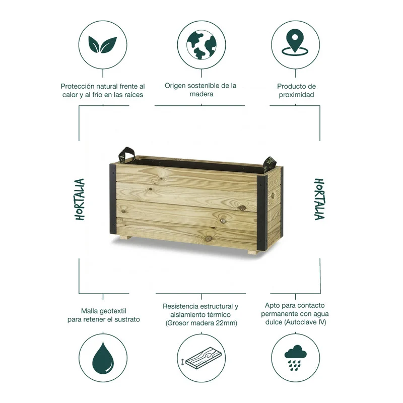 Jardinera De Madera Con Refuerzo De Aluminio 80x30x40 Cm Ghio Al Hortalia